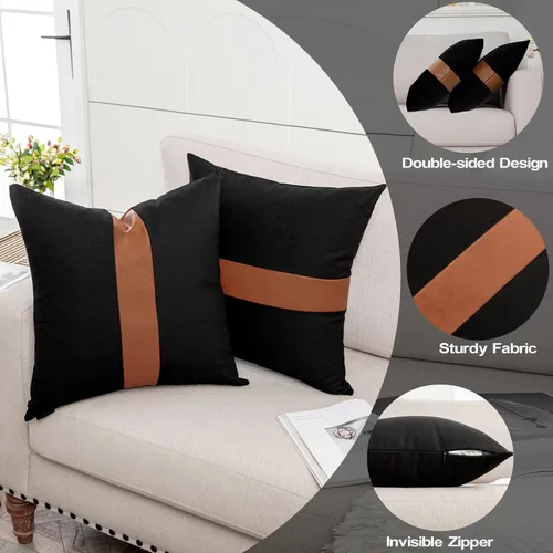 Miniatura 3 de Juego de 2 fundas de almohada negras y marrones de 18 x 18 pulgadas, fundas de almohadas modernas con rayas estilo granja para sofá, sala de estar