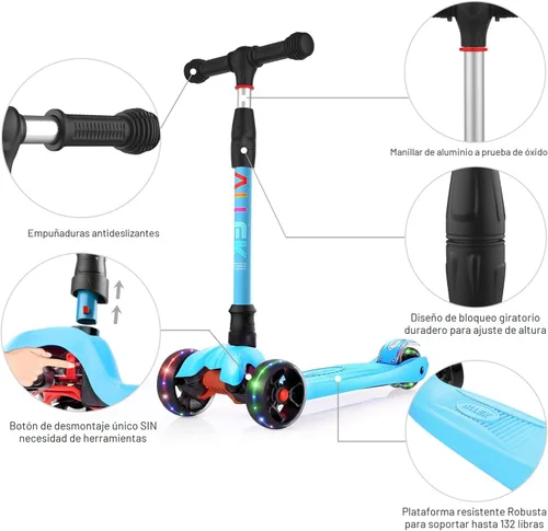 Miniatura 2 de Allek - Kick Scooter B02. Patinete Lean 'N Glide con ruedas de poliuretano extra anchas y luz LED, 4 alturas ajustables para niños de 3 a 12 años