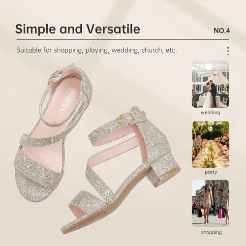 Miniatura 6 de Sandalias para niñas, tacones para niños, puntera abierta, correa al tobillo, zapatos de vestir, flores para boda, fiesta para niños pequeños