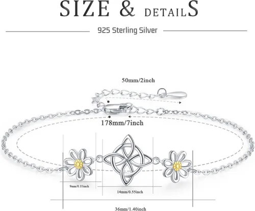 Miniatura 5 de Midir&Etain Pulseras de protección de margaritas con nudo de brujas para mujer, pulsera celta, Nudo De Bruja Plata 925, pulsera original de buena
