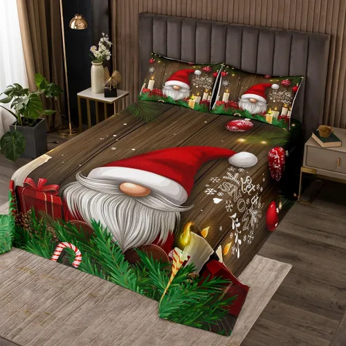 Erosebridal Juego de colcha de gnomo de Navidad, colcha de gnomo escandinavo, bola de Navidad roja, Papá Noel, acolchado, ramas de pino, nieve,