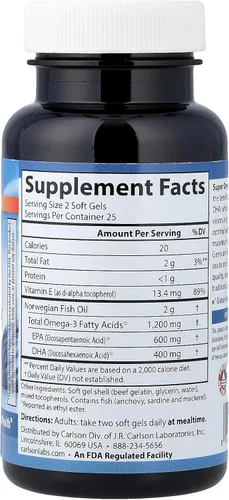 Miniatura 2 de Carlson - Gemas súper omega-3, 1200 mg de Omega-3, capturadas en la naturaleza, de origen sostenible, 50 geles blandos