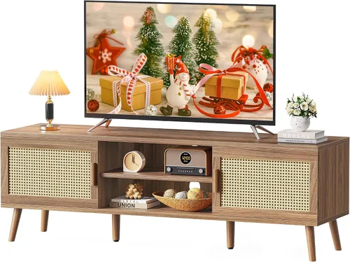Miniatura 10 de SUPERJARE Soporte de TV para TV de 65 pulgadas, centro de entretenimiento con estante ajustable, consola de TV de ratán con 2 gabinetes, consola