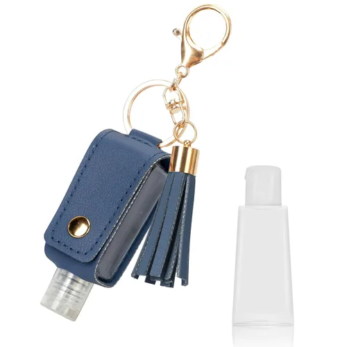 Unaone Llavero desinfectante de manos de 1 onza/1.0 fl oz, tamaño de viaje, botella pequeña de cuero para artículos de tocador, loción, champú Azul