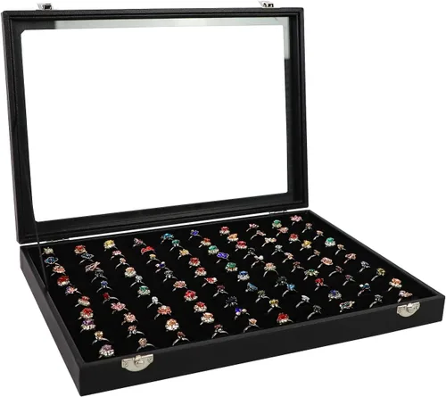 Wuligirl - Bandeja organizadora de anillos con 100 ranuras y tapa transparente, organizador apilable de joyas como aretes, collares y anillos