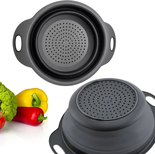 Miniatura 21 de Colador redondo de silicona azul plegable – Colador de cocina plegable pequeño colador plegable azul con asas de plástico para drenar verduras