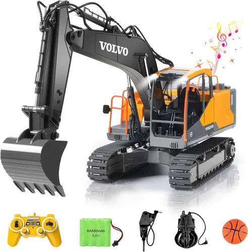 Double E Volvo - Excavadora de control remoto a escala 1:16, juguete de construcción 3 en 1 de 17 canales con pala de metal, taladro, agarre y