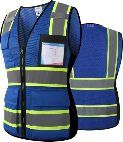 Chaleco de seguridad reflectante de alta visibilidad para hombres y mujeres con bolsillos y cremallera frontal, cumple con los estándares ANSI/ISEA