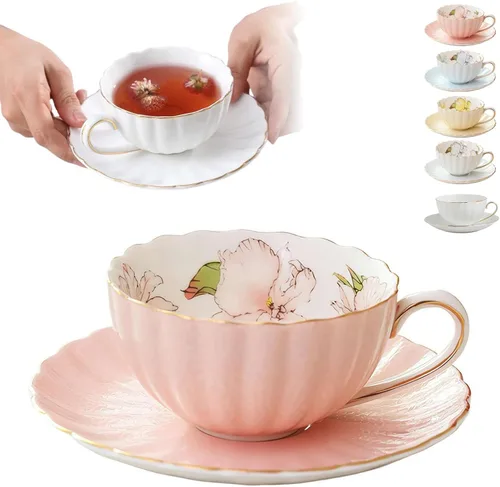 Tazas y platillos de té florales, juego de té de porcelana europea, juegos de regalo de té floral vintage, tazas de café británicas, juego de taza