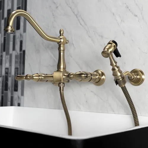 Miniatura 9 de Kingston Brass KS1243ALBS Heritage - Grifo de cocina de montaje en pared de 8 pulgadas con rociador de latón, latón antiguo