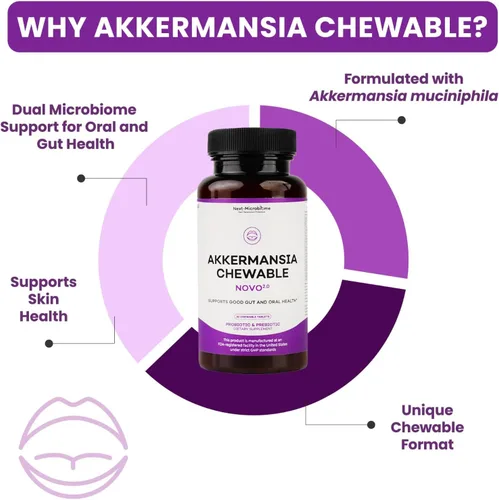Miniatura 2 de Suplemento probiótico y prebiótico masticable Akkermansia NOVO 2.0 con HMO, apoya el microbioma intestinal y oral, suplementos para la salud