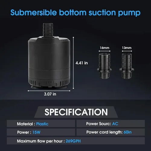 Miniatura 6 de Bomba sumergible para acuario 109-724GPH, bomba de agua para acuario, flujo de agua ajustable, funcionamiento silencioso, 1 boquilla, adecuado