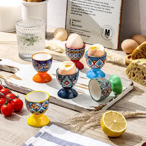 Miniatura 3 de HENXFEN LEAD Juego de 6 vasos de cerámica boho para huevos coloridos para huevos duros y suaves, aptos para microondas y lavavajillas, perfectos
