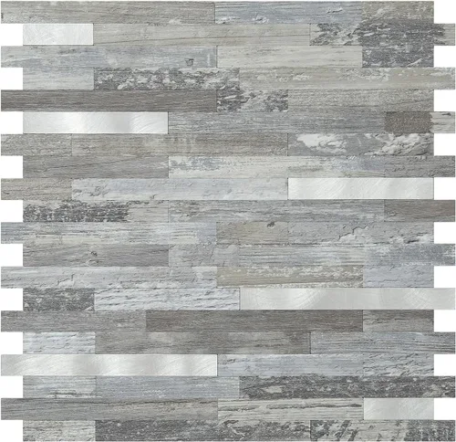 DICOFUN - Azulejo adhesivo de loseta en muro de PVC para la cocina, estilo madera vieja, 1 lámina Madera envejecida y metal plateado