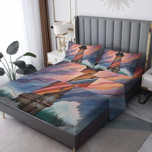 Miniatura 8 de Lighthouse Sábanas tamaño individual, sábanas náuticas a rayas, sábanas y fundas de almohada con patrón de 3 piezas, sábana bajera ajustable