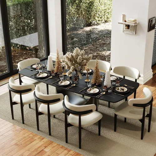 Miniatura 21 de POVISON Juego de mesa de comedor para 4, mesa rectangular negra de piedra sinterizada mate de 63 pulgadas con base de acero al carbono bronce, silla