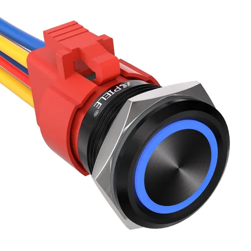 APIELE Interruptor de Botón Pulsador con Pestillo de 10 Amperios 22mm 12V Ojo de Ángel LED Impermeable Aleación de Aluminio Redondo Autobloqueante