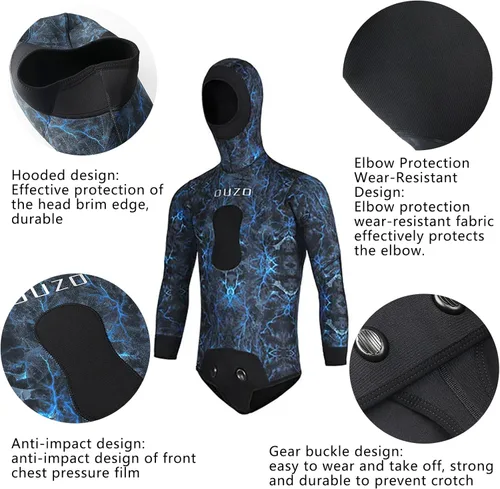 Miniatura 5 de 5MM Traje de Neopreno para Pesca Submarina con Capucha, 2 Piezas de Manga Larga, Traje de Buceo de Cuerpo Completo de Camuflaje para Aguas Frías