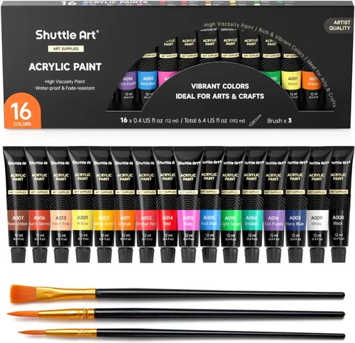 Juego de pintura acrílica Shuttle Art, 16 tubos de 12 ml, calidad de artista, pigmentos ricos no tóxicos, colores ideales para niños, adultos y 16