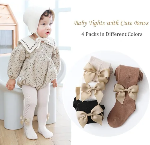 Miniatura 3 de Medias de punto trenzado para bebé niña con lazo sin costuras, mallas de algodón para bebés