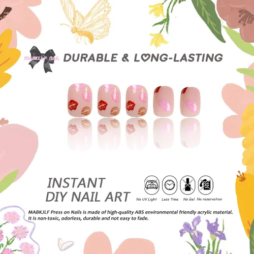 Miniatura 2 de Uñas postizas a presión para San Valentín, uñas postizas cortas cuadradas MABKJLF nude con diseños de labios, cobertura completa, pegamento