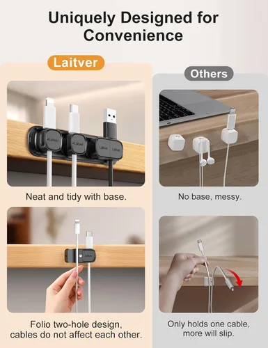Miniatura 3 de Paquete de 6 clips magnéticos para cables [apertura/bloqueo en 1s], organizador y sujetador de cables Laitver con adhesivo fuerte para escritorio
