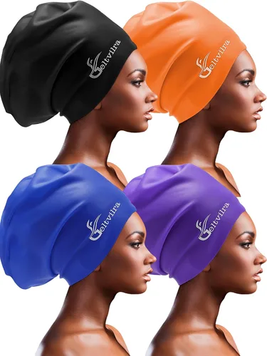 Miniatura 7 de Paquete de 4 gorros de natación de silicona extra grandes para trenzas y rastas, negro, para mujeres y hombres, pelo largo, para piscina, impermeable