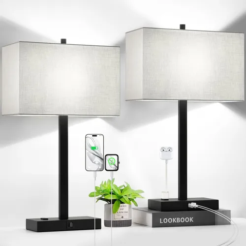 Miniatura 24 de Lynnoland Juego de 2 lámparas de noche de 21 pulgadas con tomas USB A+C y CA, control táctil, regulables de 3 vías, para dormitorio, sala de estar