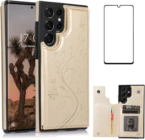 Miniatura 11 de Asuwish Funda para Samsung Galaxy S22 Ultra con protector de pantalla de vidrio templado, funda de cuero con soporte para tarjetas, doble cierre