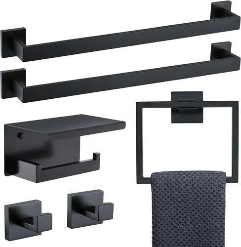 Juego de 6 piezas de accesorios de baño negros de 23.6 pulgadas, juego de toallero doble, toallero, anillo, gancho para abrigo y soporte para papel