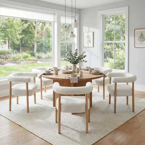 Miniatura 6 de RIVOVA Sillas de comedor blancas de bouclé, juego de 6, sillas de comedor tapizadas modernas, sillas de cocina y comedor con respaldo curvo, sillas