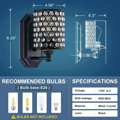 Miniatura 4 de Paquete de 2 lámparas de pared de cristal con acabado negro, lámpara de pared de estilo conciso moderno, pantalla de cristal poliédrico para baño
