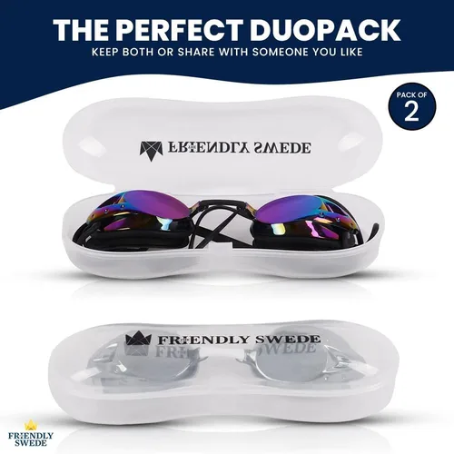 Miniatura 2 de The Friendly Swede Gafas de natación antivaho para mujeres y hombres, con 3 piezas de nariz y funda, lente gran angular, paquete de 2 Blanco/Negro