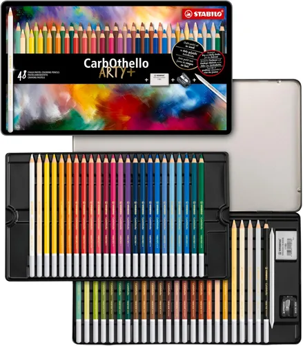 Set de lápices de colores STABILO CarbOthello para pastel y tiza, 48 unidades, con borrador, sacapuntas, mezclador - Efectos de acuarela