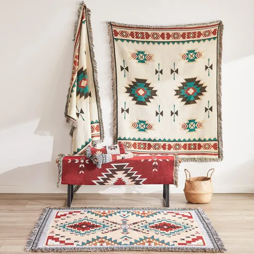 Miniatura 3 de Touchat Manta de nativos americanos, decoración occidental, manta bohemia para sofá, manta decorativa mexicana de granja, manta tejida con Beige
