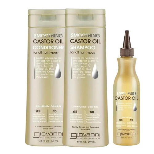 GIOVANNI Castor Oil Trio - Shampoo, Conditioner, & Castor Oil, All Hair Types, Moisturize Hair & Scalp, Hydrate & Tame Frizz, Jojoba, Argan Oil,