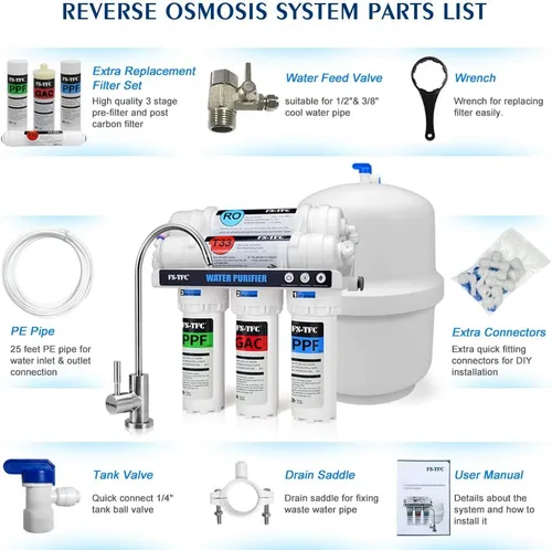 Miniatura 6 de Sistema de Filtración de Agua por Ósmosis Inversa de 5 Etapas 100GPD Flujo Rápido Plus Extra 4 Filtros de Regalo (FS-RO-100G-A)