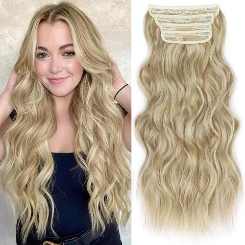 Miniatura 34 de ALXNAN Extensiones de cabello sintético largo y ondulado con clip, de 16 pulgadas, color negro natural, 4 piezas gruesas, fibra de doble trama