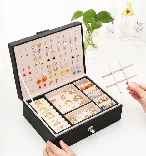 Miniatura 5 de QBestry Organizador de aretes de tuerca para mujeres y hombres, caja de joyería negra para aretes, collar, organizador de joyas, caja de aretes