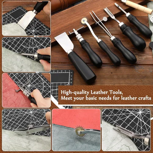 Miniatura 4 de Herramientas para Trabajar Cuero, Kit de Herramientas de Artesanía en Cuero con Lezna para Perforar Agujeros y Coser, Agujas de Costura