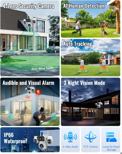 Miniatura 9 de Cámara inalámbrica para exteriores, 4 vistas de lente en una pantalla, imagen HD 2K de 8 MP (4 x 2 MP), monitoreo PTZ de 360°, detección humana AI