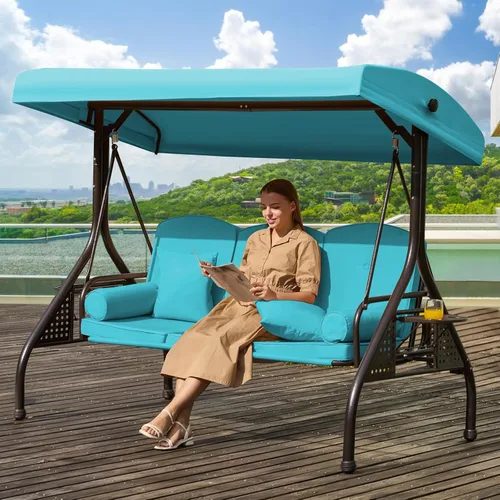 Miniatura 14 de Columpio de porche para exteriores 3 en 1 con toldo ajustable, columpio de 3 asientos para adultos, columpio de patio con cojines gruesos, almohadas