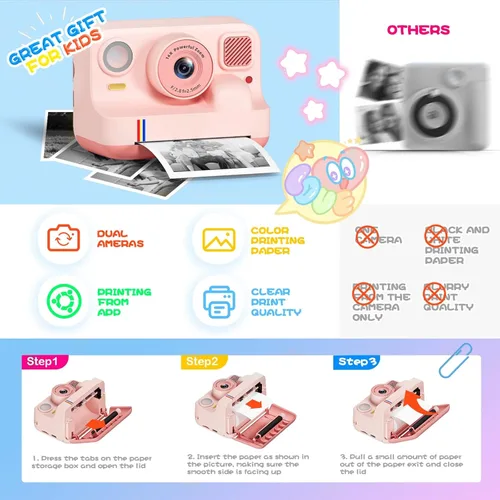 Miniatura 9 de Cámara de impresión instantánea para niños, regalos de cumpleaños de Navidad para niñas y niños de 3 a 15 años, cámara de video digital portátil Rosa
