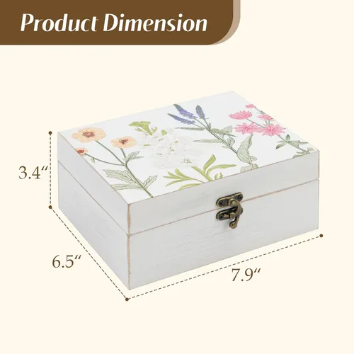 Miniatura 4 de Pequeña caja decorativa con tapa con bisagras, caja de almacenamiento de recuerdos hecha a mano de madera, caja de joyería con estampado floral