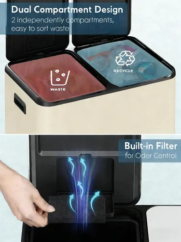 Miniatura 3 de Arlopu Cubo de basura doble de 16 galones con 2 cajas integradas para control de olores, cubo de basura de cocina manos libres, cubo de basura