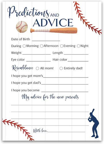 BASEBALL - Tarjetas de predicción y consejos – Paquete de 25 – Deportes Azul Marino Niños Baby Shower Juegos, deseos para nuevos padres, mamá y papá
