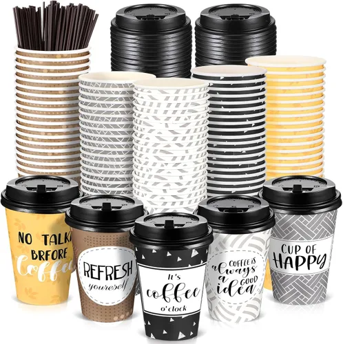 Miniatura 9 de Gerrii Paquete de 100 Tazas de Café Desechables con Tapas y Pajitas, Tazas de Papel Motivacionales con 6 Frases y Diseños, Tazas Calientes
