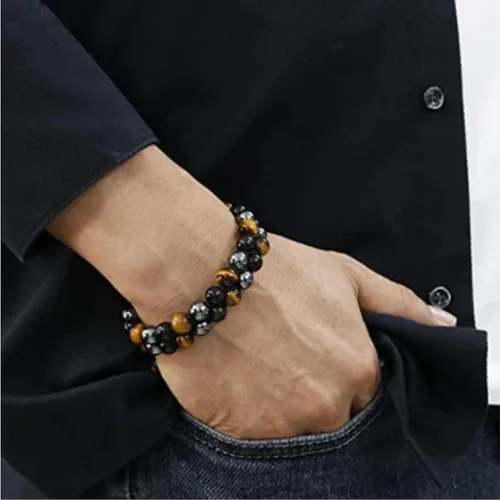 Miniatura 4 de Treatment Crystal Tiger Eye Black Obsidian Hematite 8 Mm Stone Beads Good Luck Triple Protection Bracelet For Men Ladies