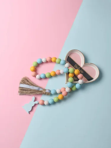 Miniatura 6 de Guirnalda de cuentas de madera de Pascua con borlas y etiqueta de conejo, cuentas de madera de estilo granja para decoraciones de bandeja