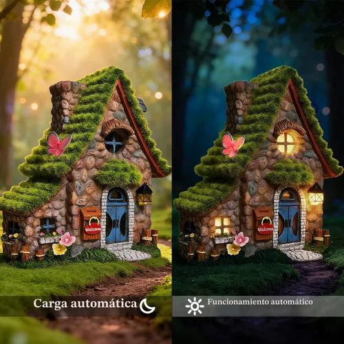 Miniatura 8 de Estatuas de casa de hadas de resina ASAWASA con luces solares, esculturas de jardín divertidas con decoración flocada y adoquinada, exquisitas